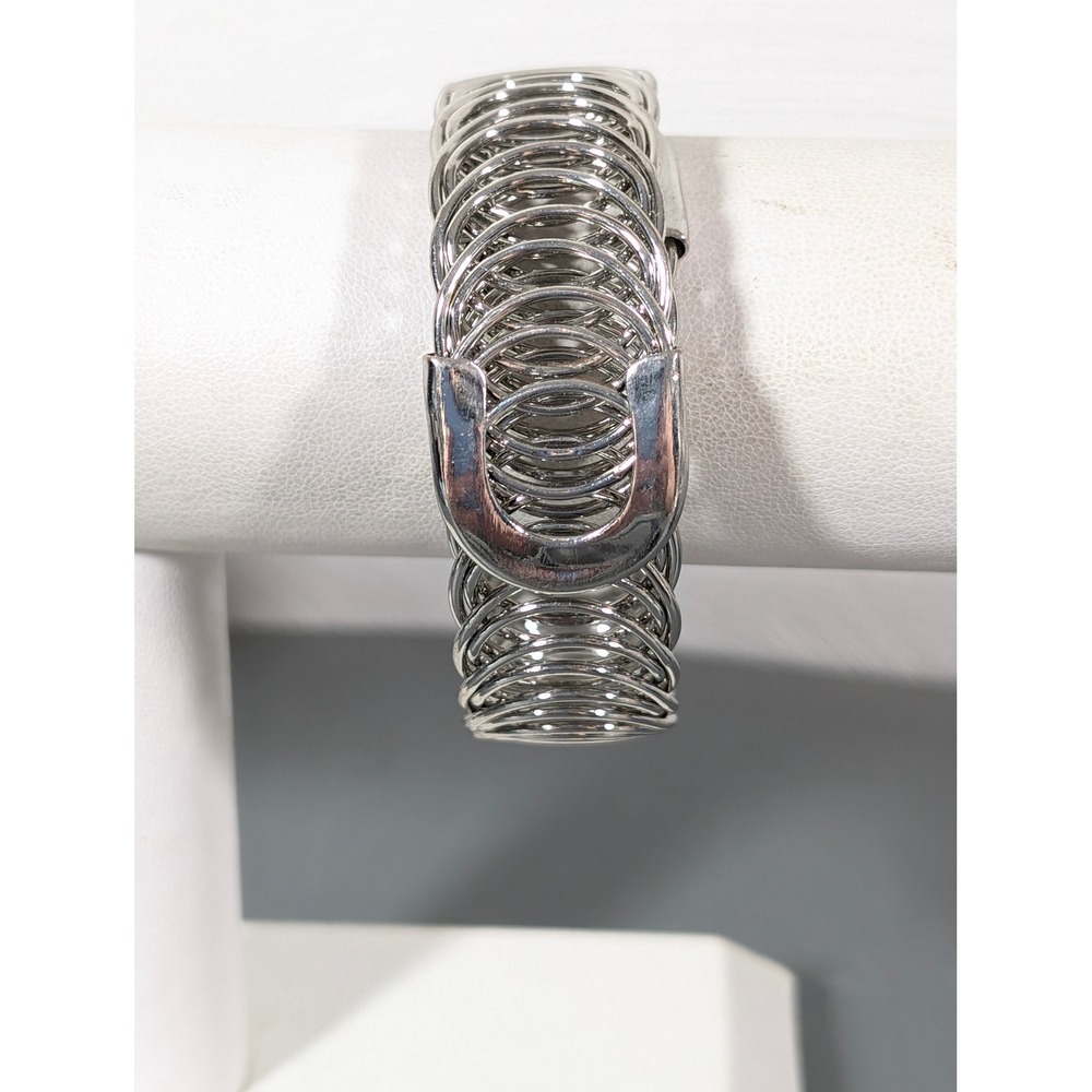 Silver Tone Coil Wrap Cuff Bracelet Concentric Wire Spiral Flex Bangle 8.5"